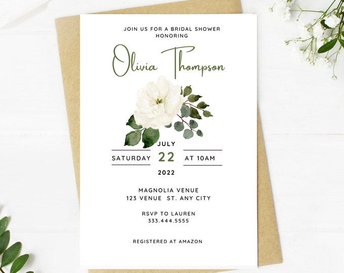 Beautiful white floral and greenery bridal shower invitation, Wedding, simple, minimalist, printable, editable, instant download template