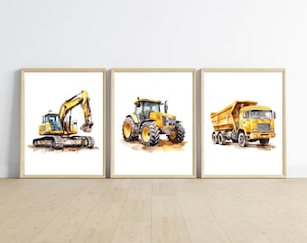 Construction truck room decor, PRINTED and shipped 11x14inches, set of 3 printed on matte paper board, NOT framed.