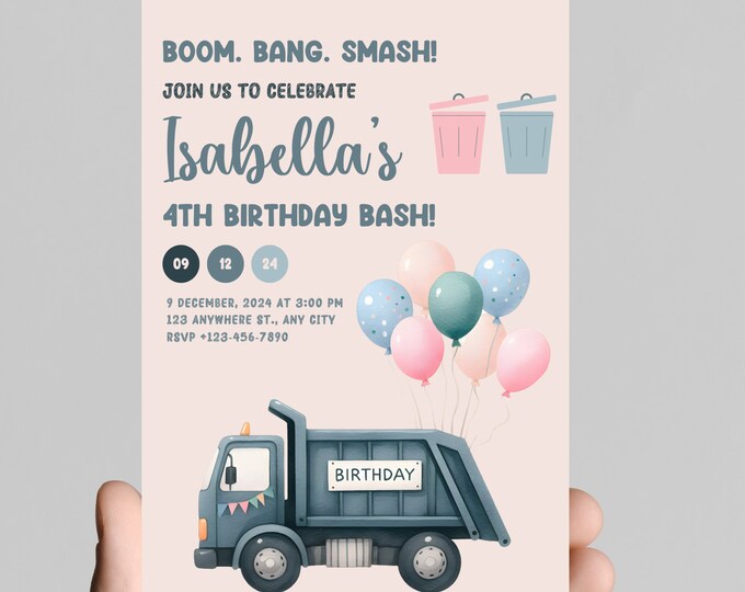 Boom, bang, crash, girl Garbage truck theme birthday Invitation, rubbage truck, recycle truck, Editable, printable
