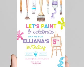Art theme birthday invitation, rainbow paint,gold glitter, paintbrush, painting,girl birthday party, age customizable