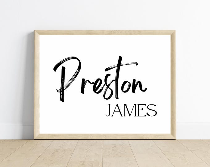 Baby name announcement, first and middle Name art for nursery wall, kids room, customizable in size, name, and color, frame not included