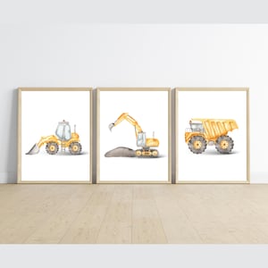 Construction truck room decor, wall art, dump truck, excavator, bulldozer, 12x16 set of 3 prints included, customizable, frame not included