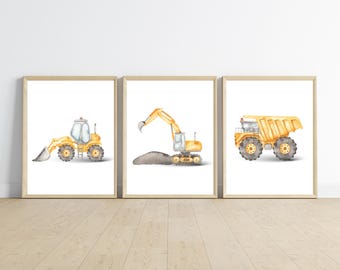 Construction truck room decor, wall art, dump truck, excavator, bulldozer, 12x16 set of 3 prints included, customizable, frame not included