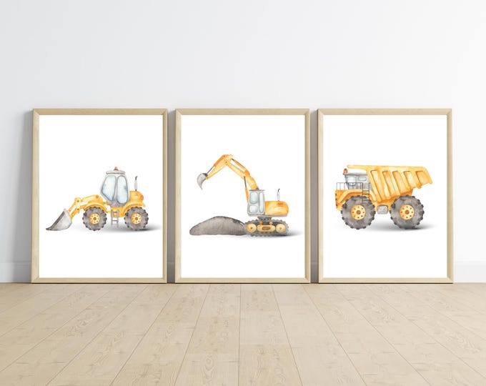 Construction truck room decor, wall art, dump truck, excavator, bulldozer, 12x16 set of 3 prints included, customizable, frame not included