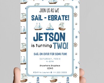 Sail-ebrate! Sail boat theme birthday invitation, any age, nautical theme, sailboat, ocean, beach, anchors, baby boy