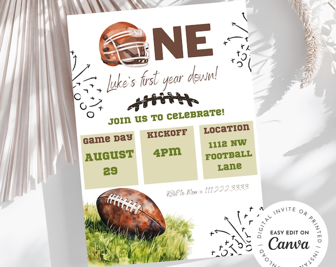 First year down football first birthday invitation, first birthday party, football theme, boy birthday, touch down, kickoff,  customizable