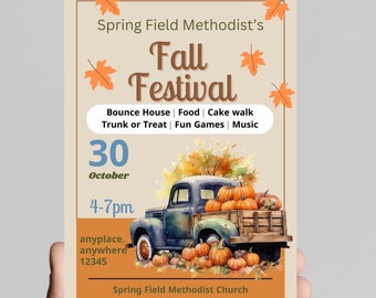Fall festival flyer or invitation, autumn fall harvest, pumpkins, fall leaves, vintage truck, church festival, editable, printable, digital