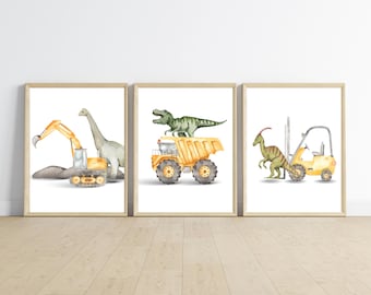 Dinosaur Construction Truck Nursery Art Prints, 11x14 (Digital Download)