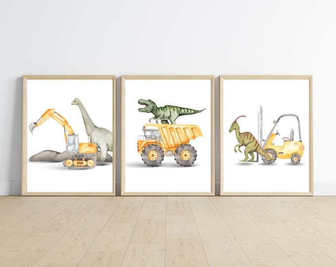 Dinosaurs and Construction trucks room decor, wall art, T-Rex, dump truck, excavator, fork lift, 11x14, Dinos, digital download, printable