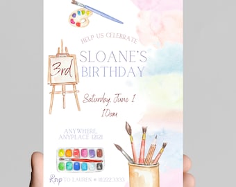 Watercolor Art Birthday Invitation, Rainbow Paint, Gold Glitter (Digital Download)