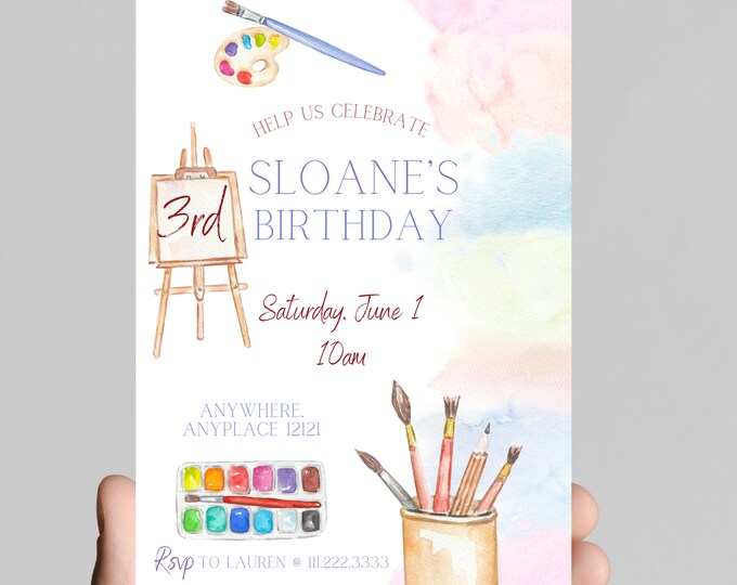 Art theme birthday invitation, watercolor rainbow paint and gold glitter, paintbrush, painting, little girl birthday party, age customizable