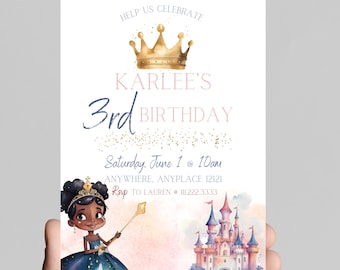 Princess theme birthday invitation, African American Princess, castle, carriage, gold glitter, purple, girl birthday party, customizable