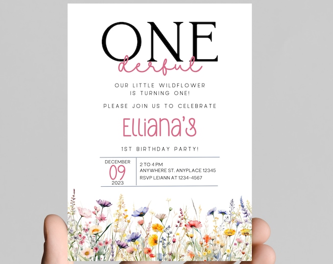 Our little wildflower, wildflower first birthday girl invitation, watercolor wildflower, floral, editable to any age