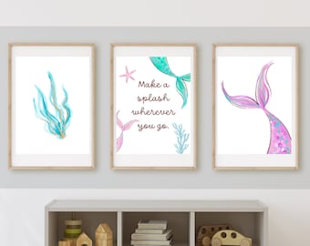 Mermaid girl’s bedroom wall art or playroom wall decor, sparkles, mermaid tails, name art, under the sea, printable, digital