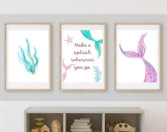 Mermaid girl’s bedroom wall art or playroom wall decor, sparkles, mermaid tails, name art, under the sea, printable, digital