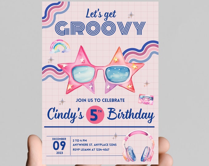 Let’s get groovy, retro, 70’s, throwback, daisy, boho, rainbow, groovy hippie girl birthday invitation themed, edit any age, printable