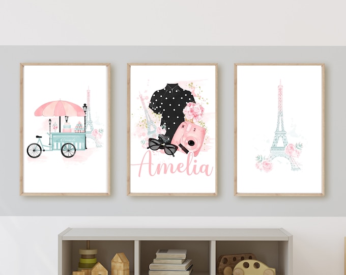 Vintage Paris themed girl room decor, Eiffel Tower, Parisian, Paris theme wall art, 11x14, set of 3 digital downloads