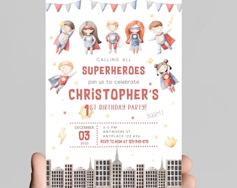 Calling all superheroes, time to celebrate! Superhero theme birthday party invitation, boom pow comics, edit to any age, printable, digital