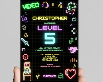 Gamer gaming birthday party invitation, neon lights, editable, printable, digital