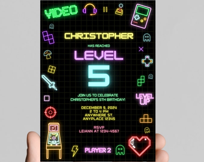 Gamer gaming birthday party invitation, neon lights, editable, printable, digital