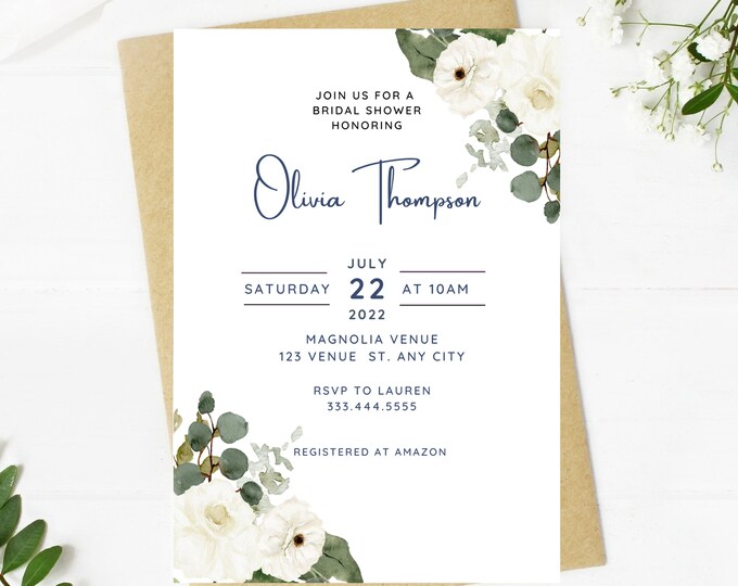 Beautiful white floral and greenery bridal shower invitation, Wedding, simple, minimalist, printable, editable, instant download template