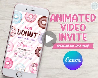 Donut theme girl birthday party video invitation, sweet one, two sweet, you donut want to miss this e-vite, sea shells, age is editable