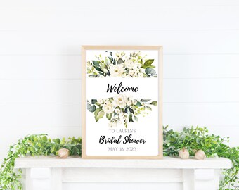 Bridal shower Sign, Welcome Sign, 11x14, Eucalyptus, White Floral, Wedding Sign, greenery, floral, printable, editable, instant download