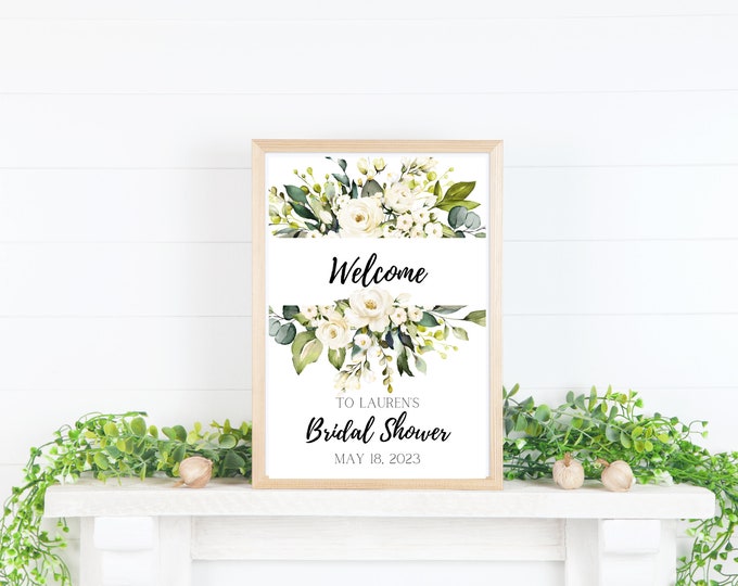 Bridal shower Sign, Welcome Sign, 11x14, Eucalyptus, White Floral, Wedding Sign, greenery, floral, printable, editable, instant download