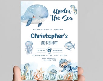 Under the sea theme boy birthday party invitation, blue ocean animals, splish splash, edit to any age, deep sea, ocean