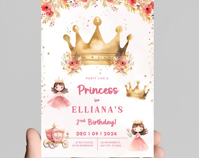 Princess theme birthday invitation, Princess castle, carriage, gold glitter, pink Princess, girl birthday party, customizable to any age