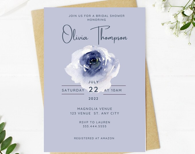 Beautiful navy blue bridal shower invitation, Wedding, simple, minimalist, printable, editable, instant download template