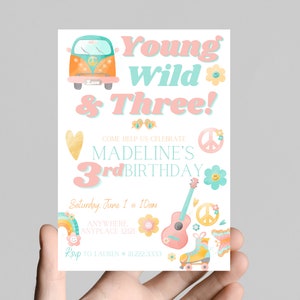 Young, wild, and THREE retro groovy 3rd birthday invitation 60’s 70’s themed girl birthday party, digital edit and print