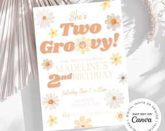 She’s TWO GROOVY retro, 70’s, throwback, daisy, retro groovy hippie 2nd girl birthday invitation themed, digital edit and print