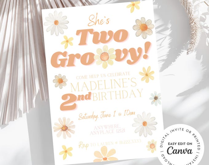 She’s TWO GROOVY retro, 70’s, throwback, daisy, retro groovy hippie 2nd girl birthday invitation themed, digital edit and print