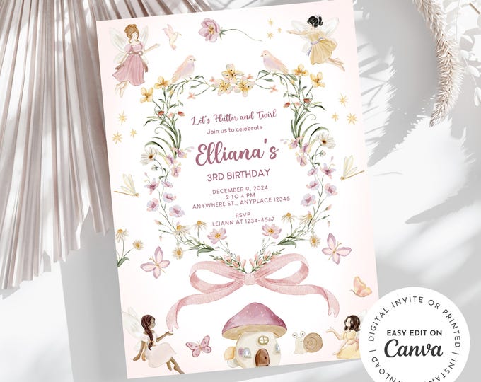Fairy theme girl birthday party invitation, Fairy Forest,age is editable, fairies theme watercolor invitation, printable, digital, 3rd bday