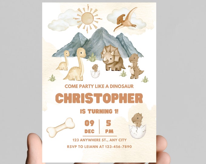 Stop Chomp Roar! Party like a dinosaur birthday party invitation, colorful baby dinos, 5x7in, customizable digital download