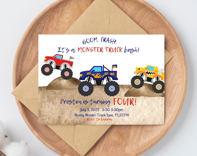 Monster truck theme Birthday Invitation, boom crash it's a monster truck bash! birthday boy, monster trucks, dirt, trucks