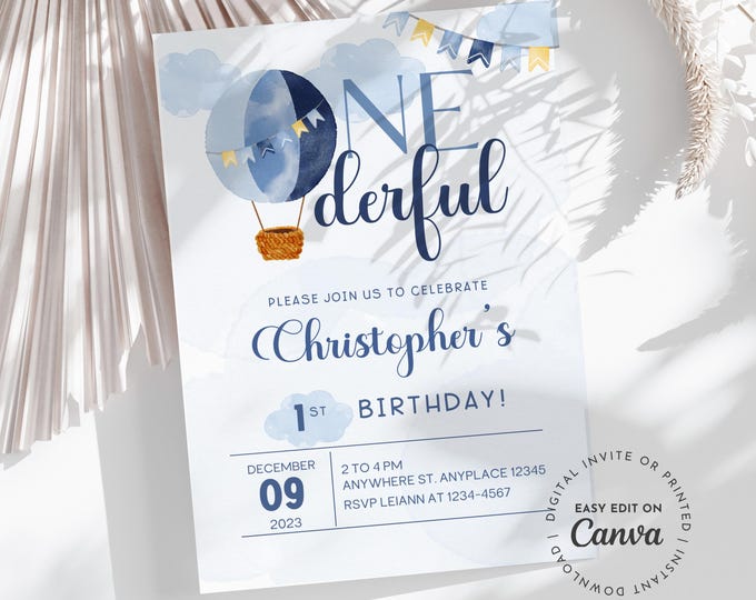 ONEderful 1st Birthday Invitation - Hot Air Balloon Theme for Boys | Wonderful World Printable & Digital Party Invite