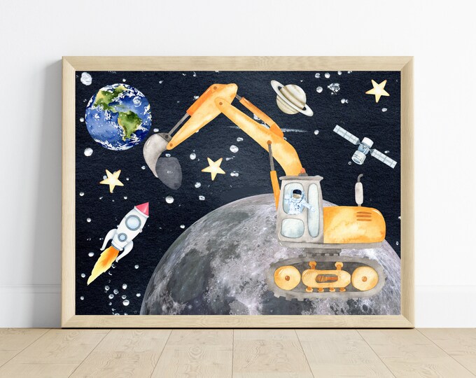 Excavator Digger on the Moon! Space wall art, rocket ship, astronauts, moon, excavator construction truck in space, printable, digital