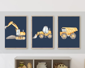 Construction Truck Nursery Prints, Navy Blue Wall Art (Set of 3) (Digital Download)