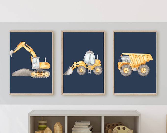 Construction truck room decor, wall art, dump truck, excavator, bulldozer, 11x14, set of 3 prints included, customizable, frame not included