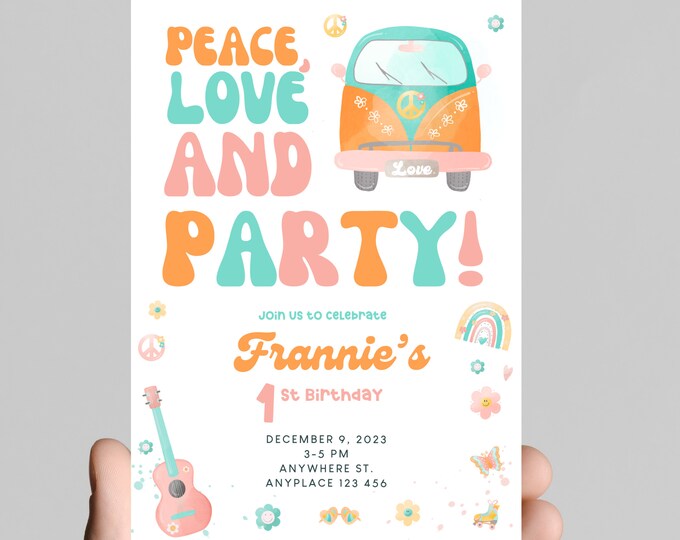 Peace love and party!  retro groovy birthday invitation 60’s 70’s themed girl birthday party, digital edit and print