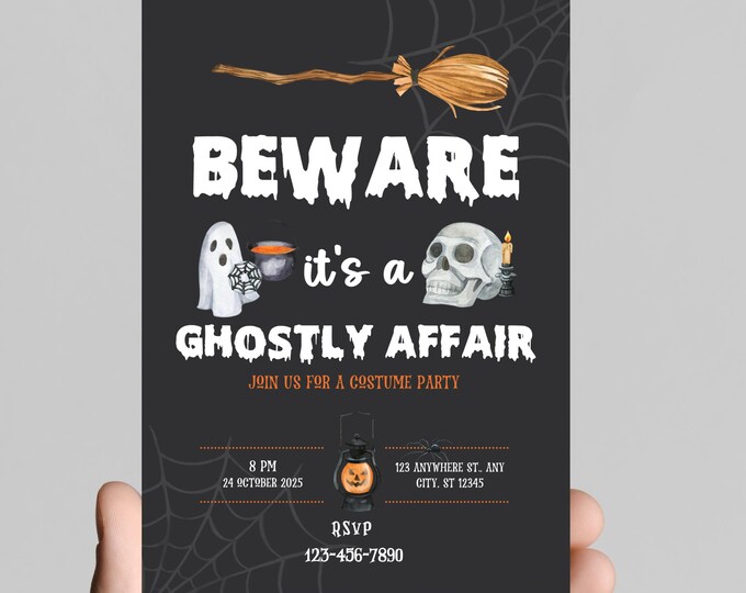 Halloween party invitation, spooky, costumes, pumpkins, spiders, editable, printable, digital