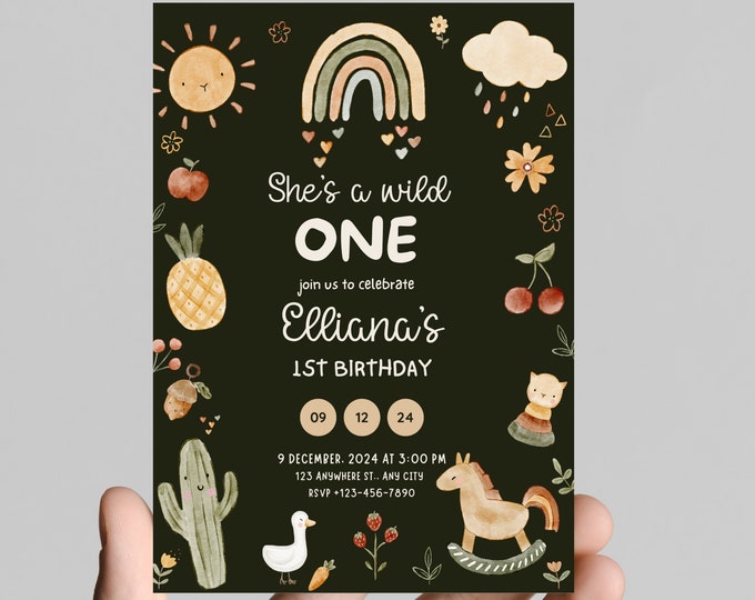 Wild one boho girl first birthday invitation, boho, chic, trendy, golden sun, editable, printable