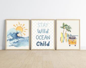 surfer dude bedroom wall art, beach, coastal nursery decor, surfboards, stay wild ocean child, set of 3 digital downloads, customizable