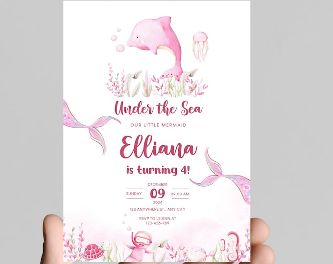 Under the sea theme girl birthday party invitation, pink ocean animals, splish splash, edit to any age, deep sea, ocean