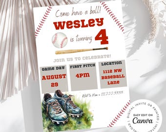 Baseball birthday invitation, Come have a ball, age is customizable, game time, birthday boy, home run,party, easy to edit, printable