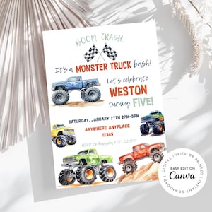 May include: A Monster Truck birthday party invitation featuring a blue, green, red, and yellow monster truck illustration. The invitation reads "BOOM. CRASH. It's a MONSTER TRUCK bash! Let's celebrate WESTON turning FIVE! SATURDAY, JANUARY 27TH 2PM-5PM ANYWHERE ANYPLACE 12345 RSVP to Amanda @ 111.222.3335"