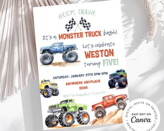 Monster truck theme Birthday Invitation, boom crash it's a monster truck bash! birthday boy, monster trucks, digital download, printable