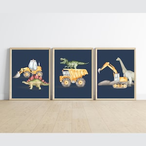 Dinosaurs and Construction trucks bedroom wall decor, navy background, T-Rex, dump truck, excavator, bulldozer, digital download, printable